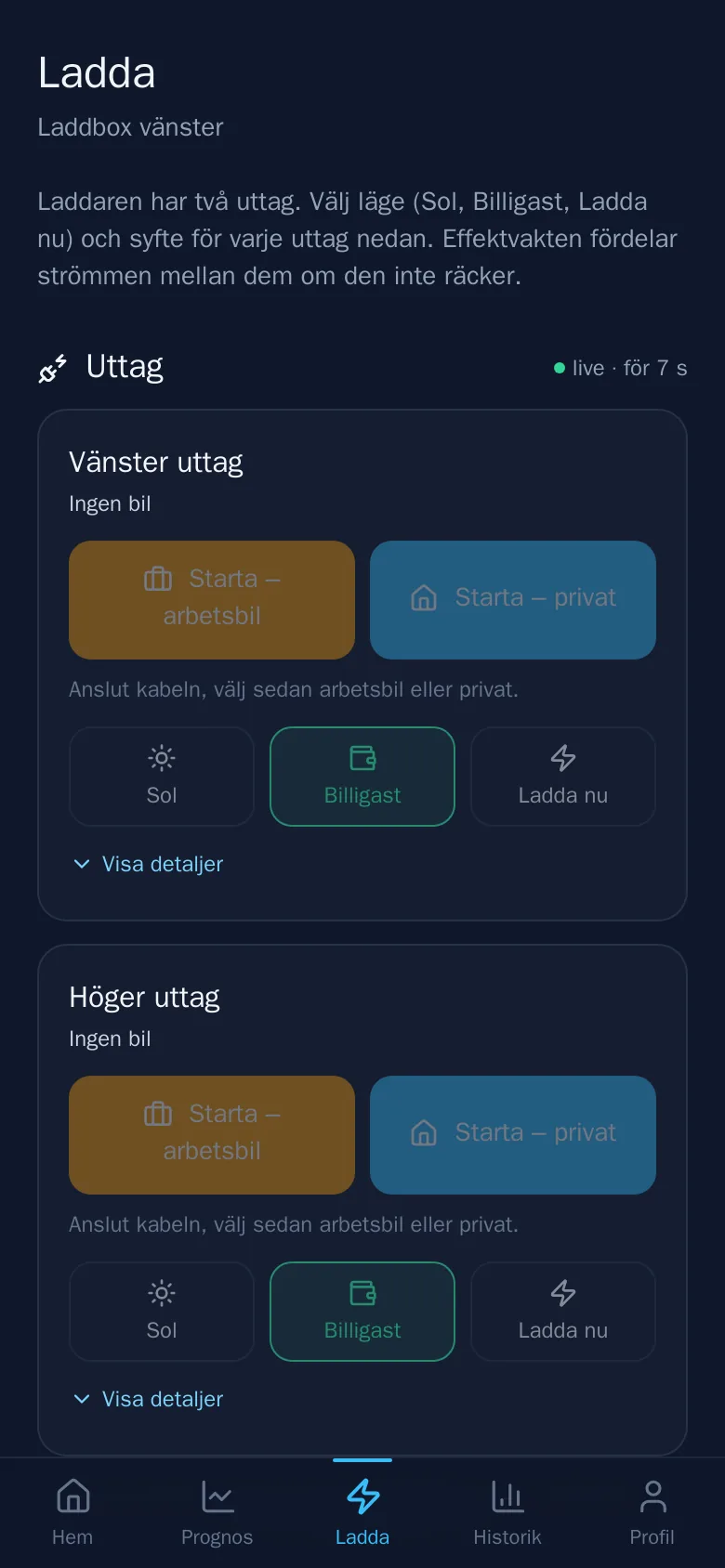 Appens Ladda: två uttag med knapparna Starta arbetsbil och Starta privat samt lägena Sol, Billigast och Ladda nu.