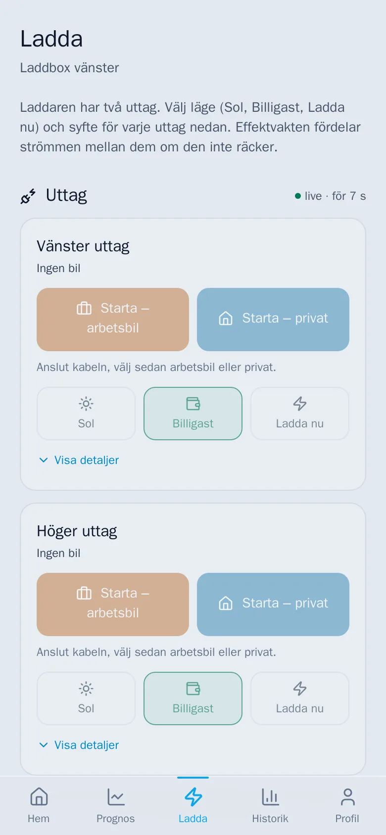 Appens Ladda: två uttag med knapparna Starta arbetsbil och Starta privat samt lägena Sol, Billigast och Ladda nu.